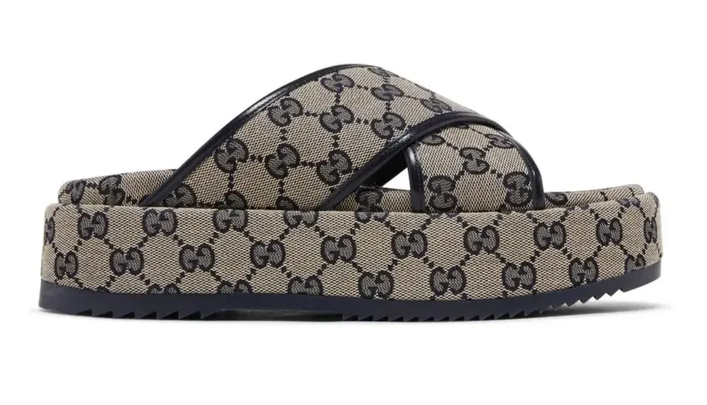 Gucci Beige Navy GG Canvas Slide Sandals EU 41 Women's Logo Flat Slides